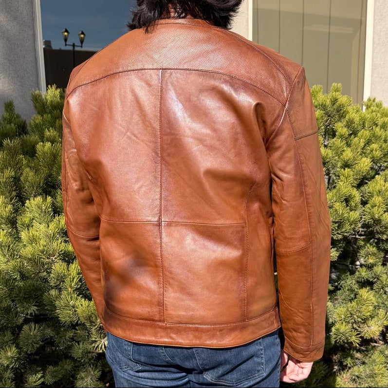 Blouson en cuir de mouton BOL pour homme, style « Cafe Racer » à col pressionné avec 4 poches zippées
