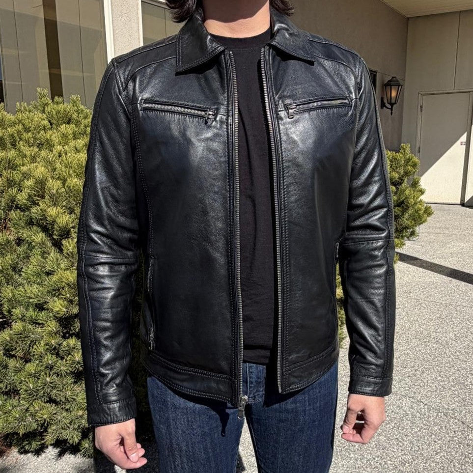 Blouson en cuir pour homme BOL avec poches zippées. Blouson en cuir de mouton avec col rabattable