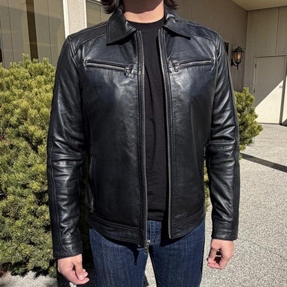 Blouson en cuir pour homme BOL avec poches zippées. Blouson en cuir de mouton avec col rabattable