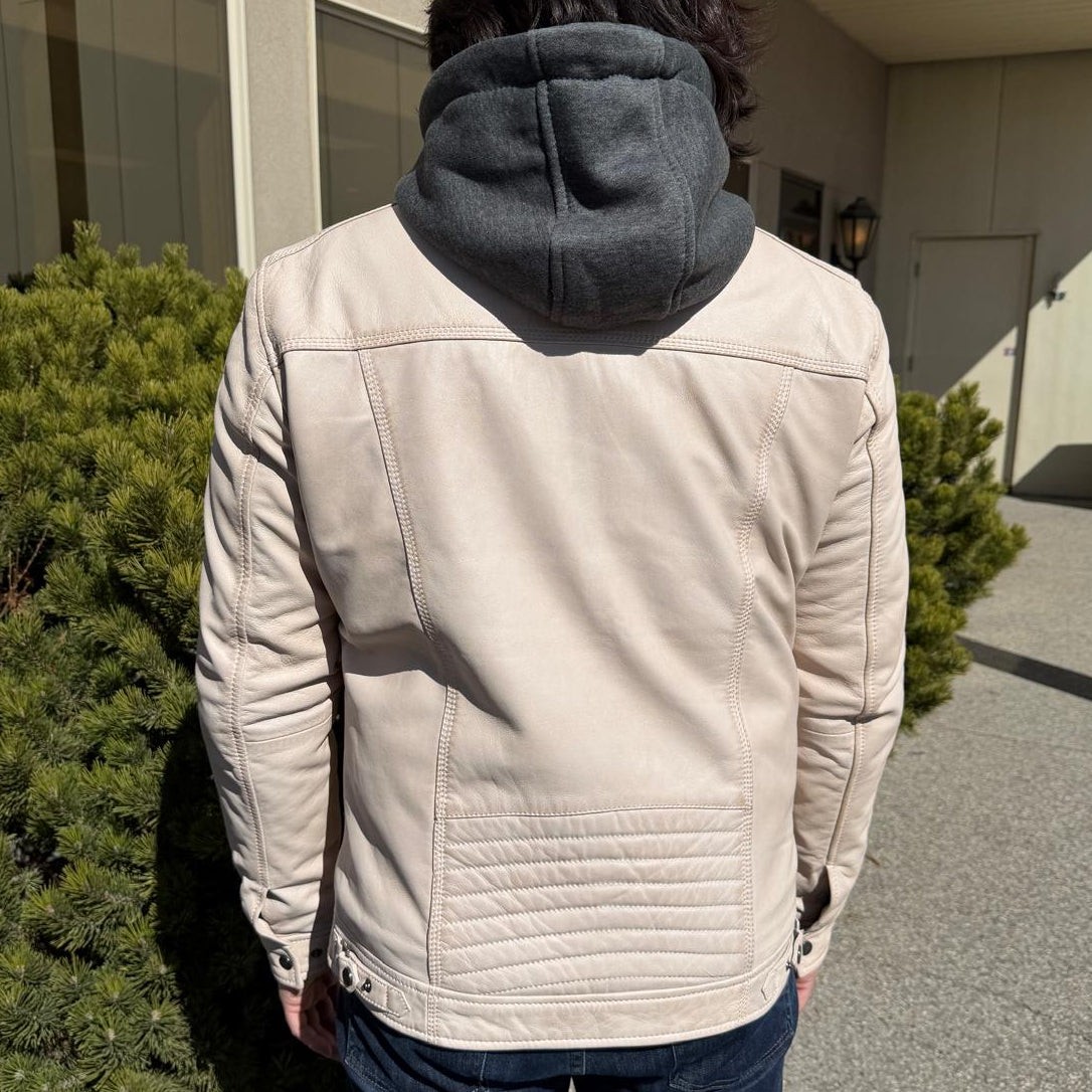Blouson en cuir à capuche pour homme. Blouson en cuir de mouton avec capuche amovible