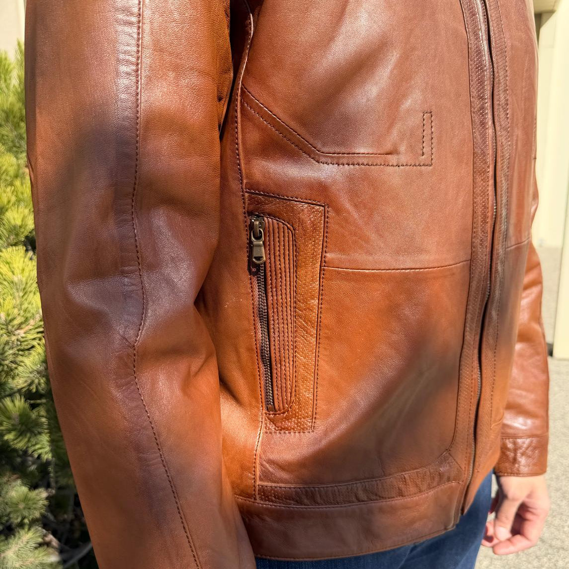 Blouson en cuir de mouton BOL pour homme, style « Cafe Racer » à col pressionné avec 4 poches zippées