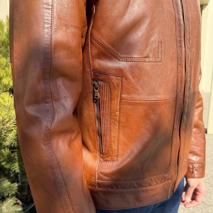 Blouson en cuir de mouton BOL pour homme, style « Cafe Racer » à col pressionné avec 4 poches zippées