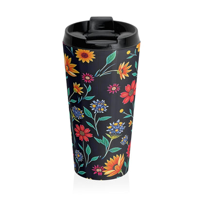 Mug de voyage en acier inoxydable motif floral coloré | Fond noir