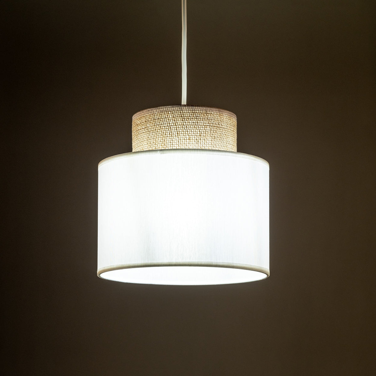DUO White Linen & Jute Cylinder Pendant Light for Kitchen Island & Dining