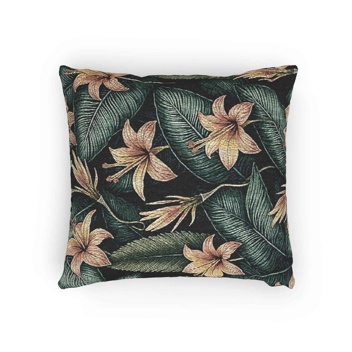 Oreiller tissé à motif lys tropical | Coussin décoratif floral botanique