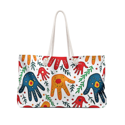 Sac de voyage bohème avec empreintes de mains colorées et imprimé palmiers