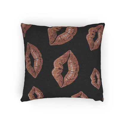 Oreiller tissé imprimé lèvres or rose | Fond noir, coussin décoratif