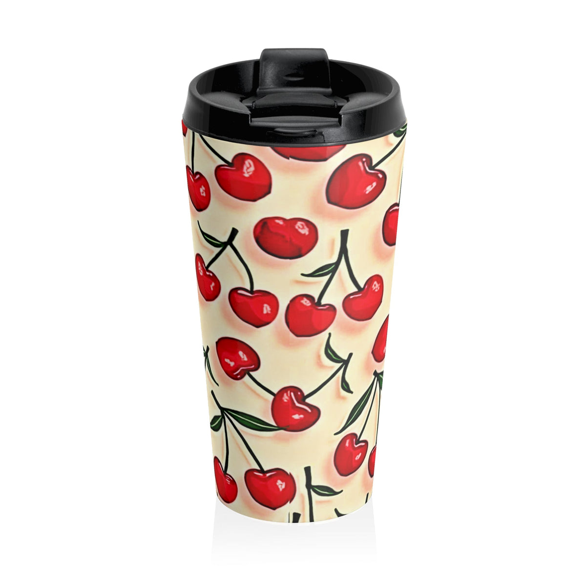 Mug de voyage en acier inoxydable à motif cerises — Gobelet isotherme rétro à cerises rouges