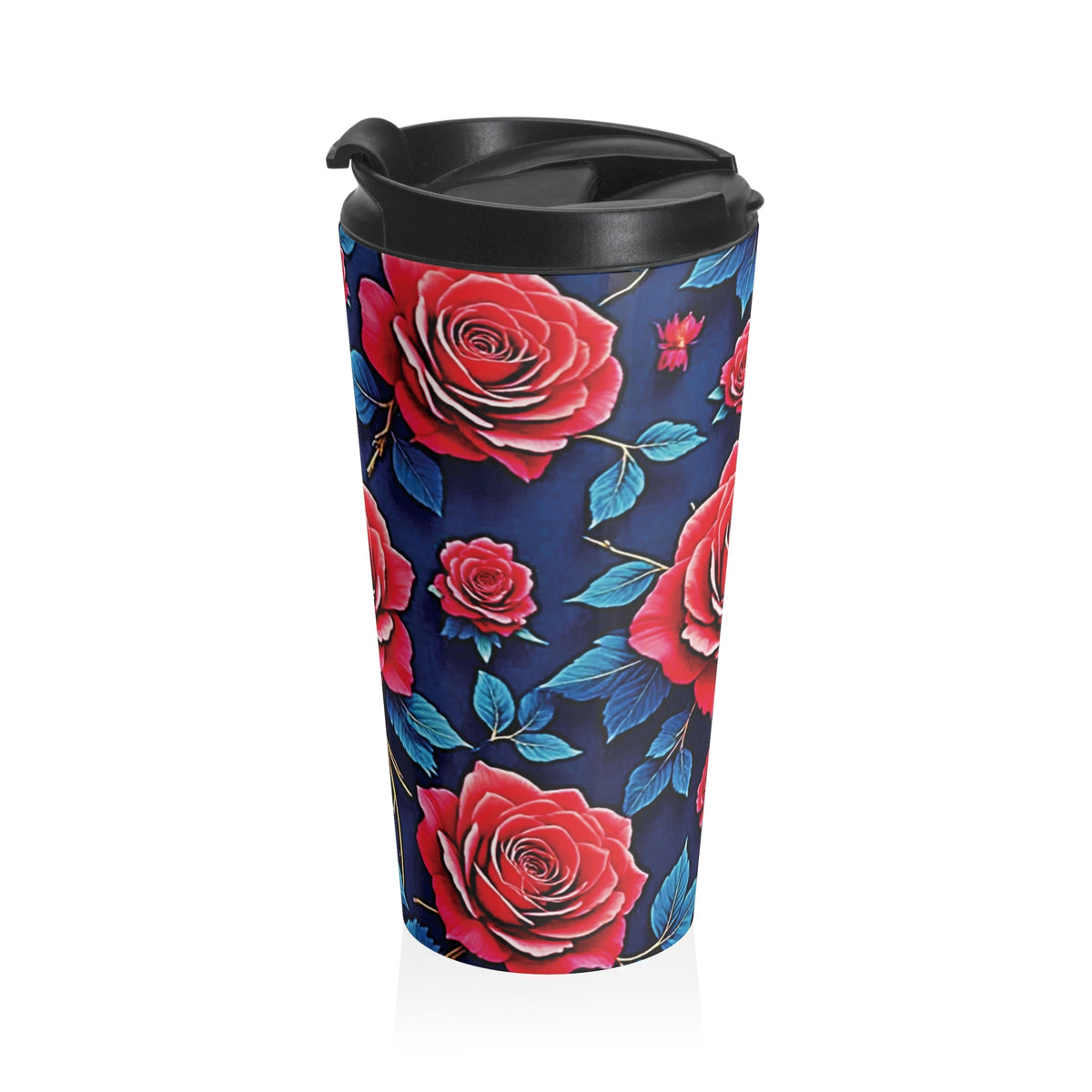 Mug de voyage en acier inoxydable motif floral roses rouges