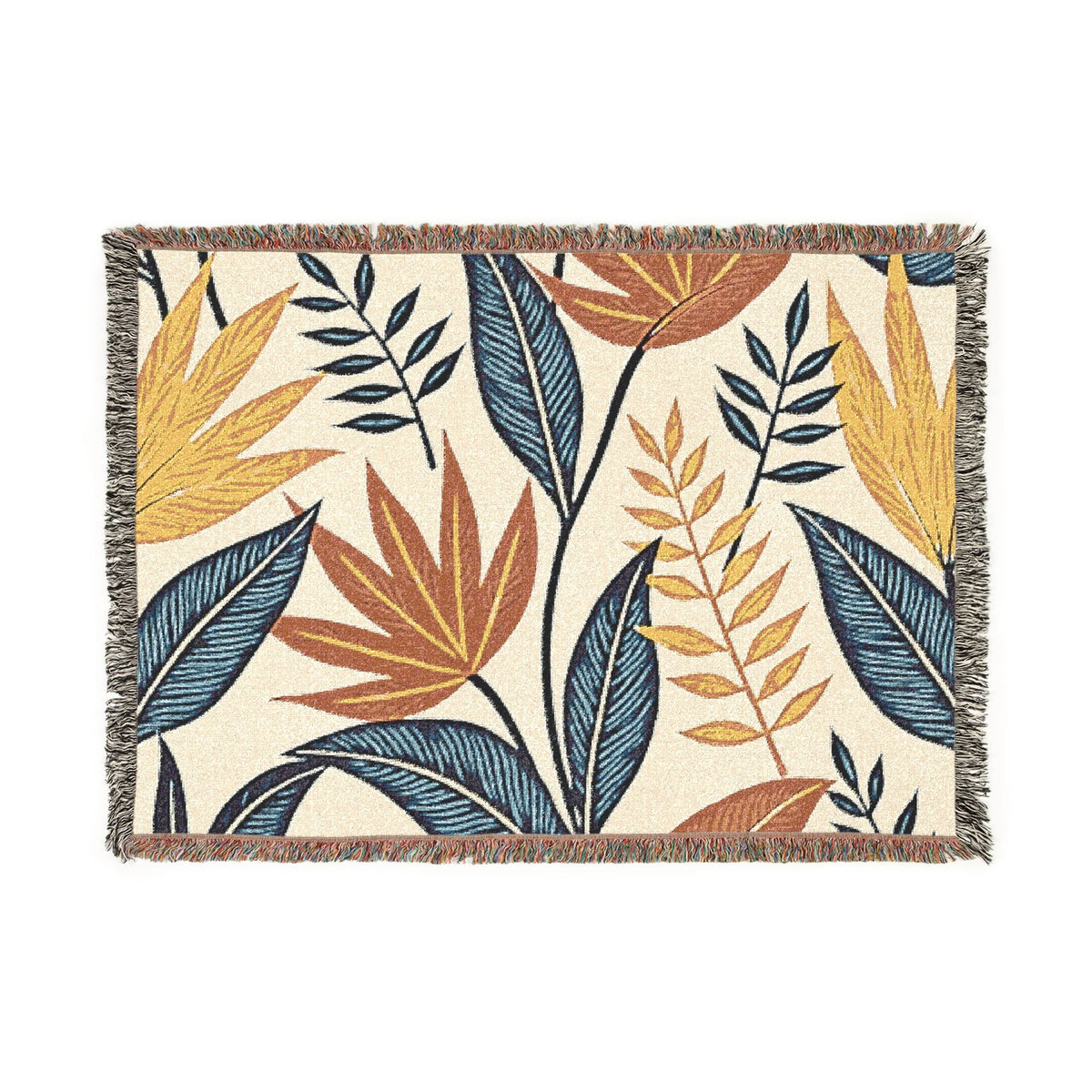 Couverture tissée à motif de feuilles tropicales — Jeté botanique bohème pour canapé et lit