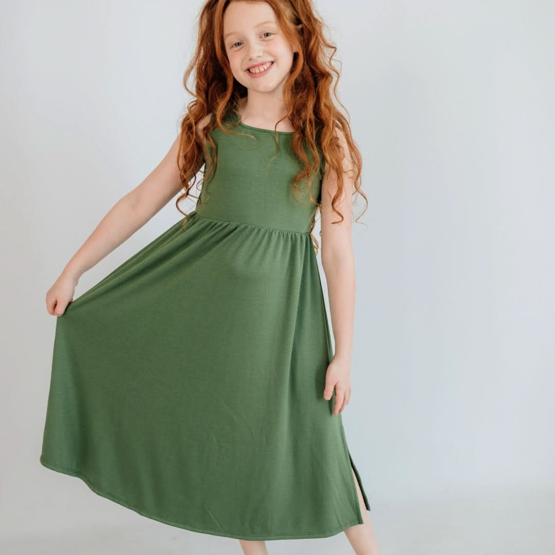 Kids' Bamboo Square Neck Midi Dress | Blue Checkers