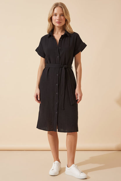 Chemise boutonnée à manches courtes retroussées - Noir