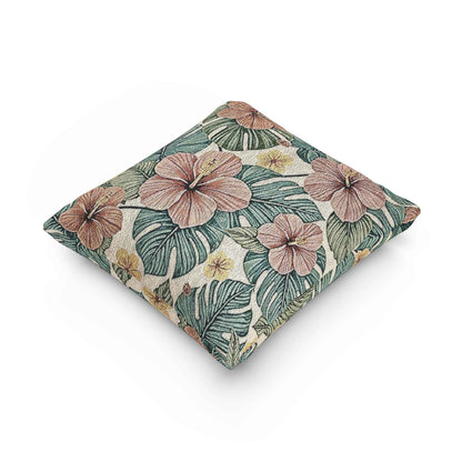 Coussin décoratif tissé à motifs de fleurs d'hibiscus tropicales | Coussin botanique