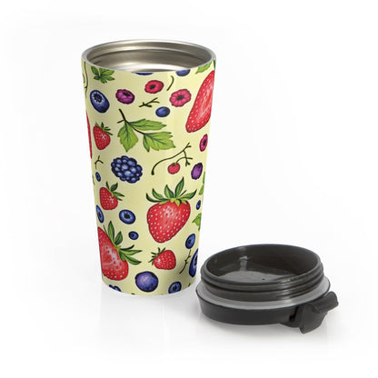 Mug de voyage en acier inoxydable motif fraises et baies — Gobelet isotherme imprimé fruits