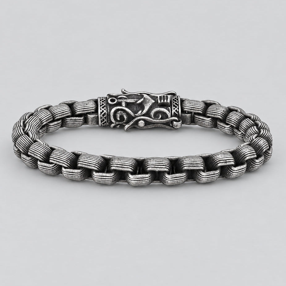 Men's Viking Steel Bracelet. Oxidized Silver Box Chain Norse Clasp Biker Jewelry
