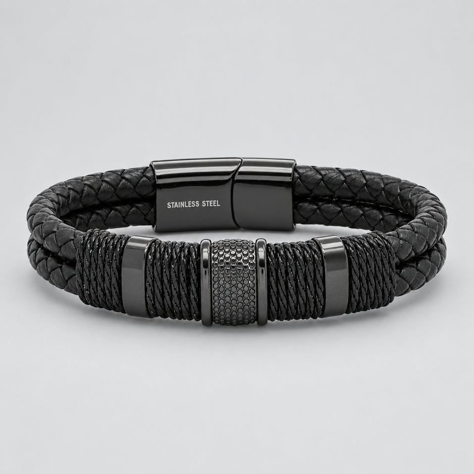 Men's Stealth Black Braided Leather & Stainless Steel Biker Bracelet