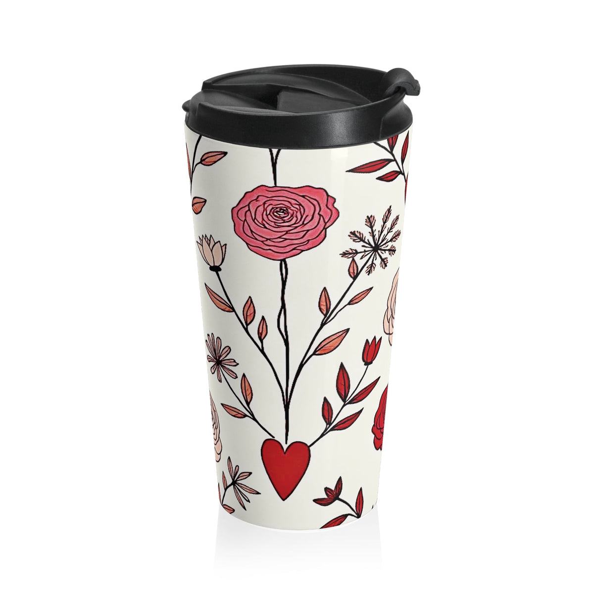 Mug de voyage en acier inoxydable avec motif floral cœur rouge dessiné à la main | Motif Saint-Valentin
