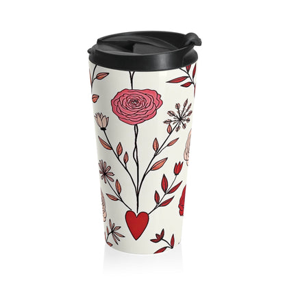 Mug de voyage en acier inoxydable avec motif floral cœur rouge dessiné à la main | Motif Saint-Valentin
