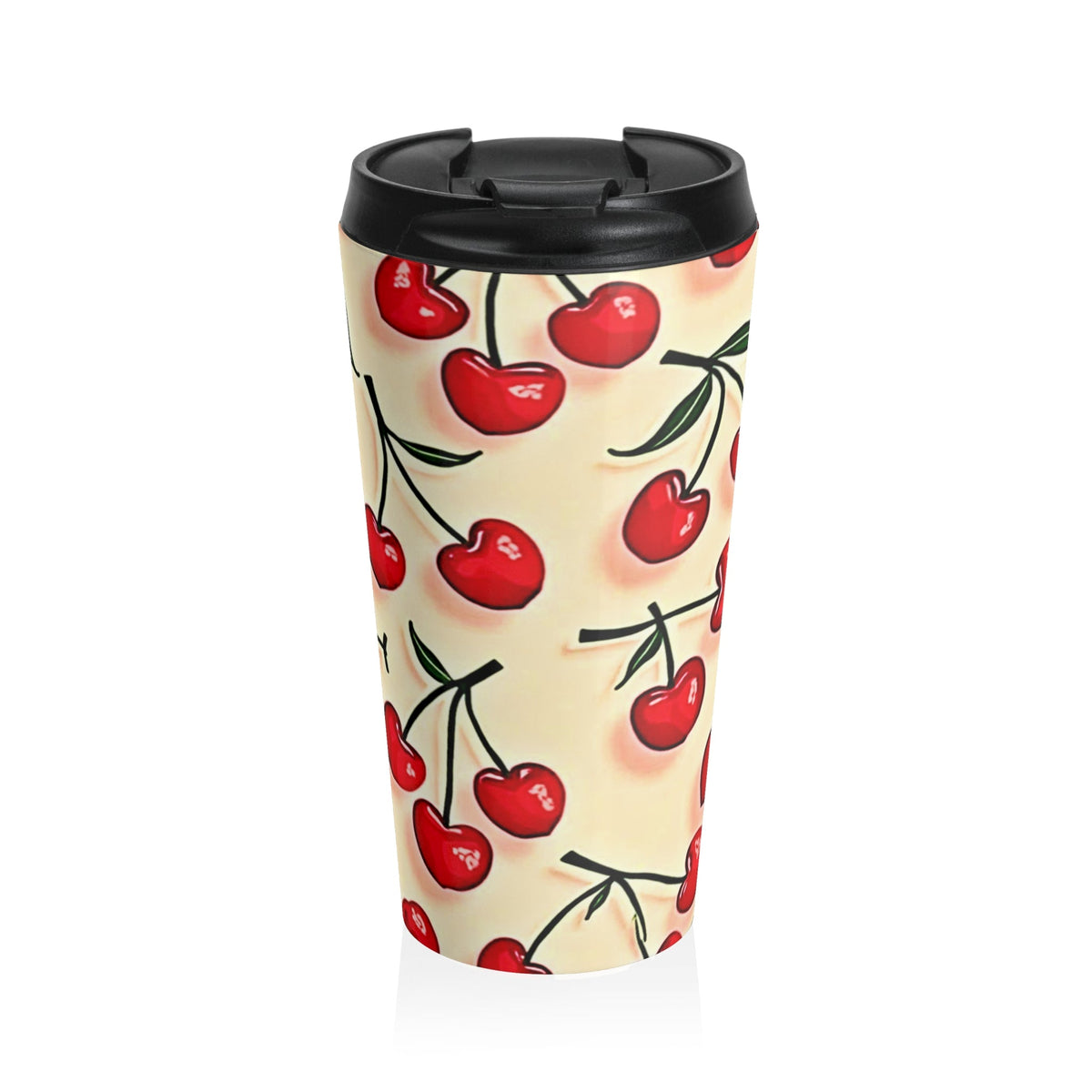 Mug de voyage en acier inoxydable à motif cerises — Gobelet isotherme rétro à cerises rouges
