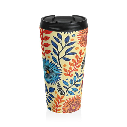 Tasse de voyage en acier inoxydable motif floral coloré | Botaniques bleues et oranges
