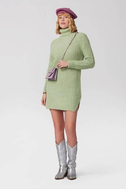 Mini-robe pull en maille col roulé avec fentes latérales - Menthe