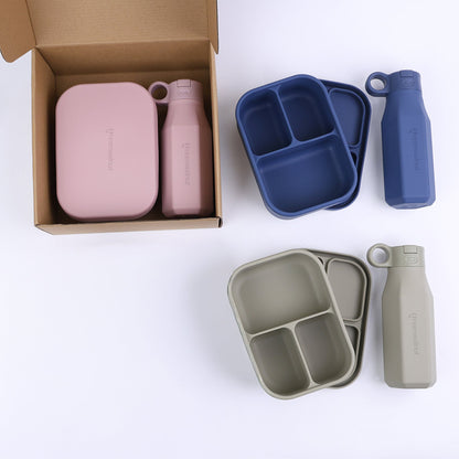 Ensemble boîte à bento en silicone et bouteille d'eau – Récipient alimentaire antifuite à 3 compartiments pour enfants et adultes