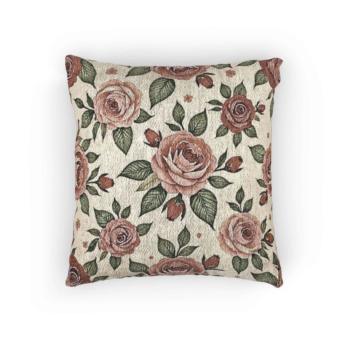 Coussin tissé motif rose vintage | Coussin décoratif tapisserie rose