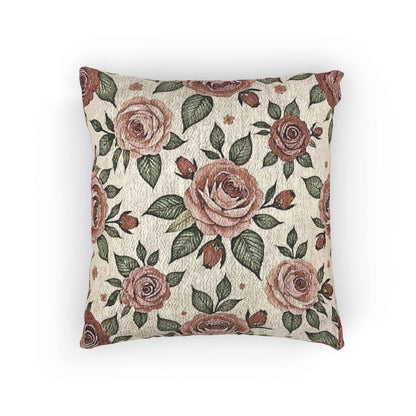 Coussin tissé motif rose vintage | Coussin décoratif tapisserie rose