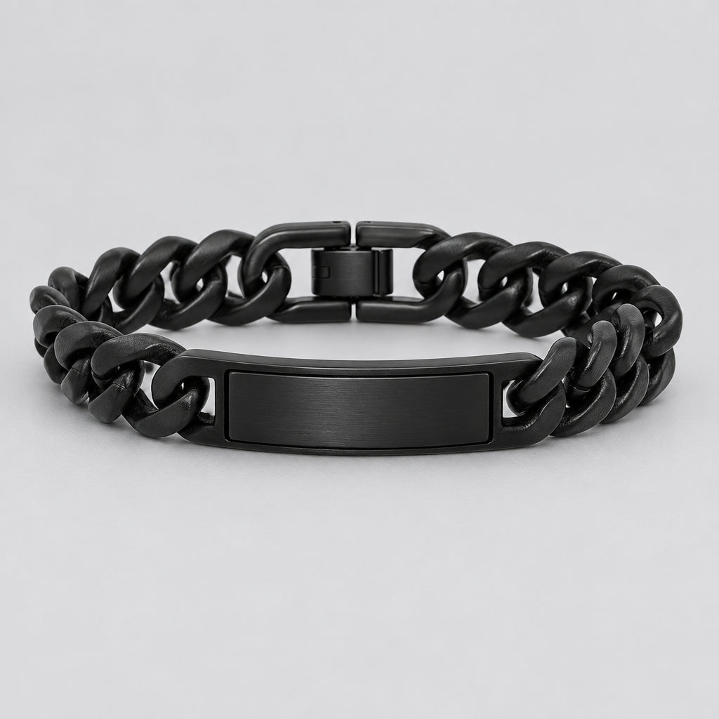 Men’s Black Stainless Steel Cuban Link ID Stealth Biker Bracelet