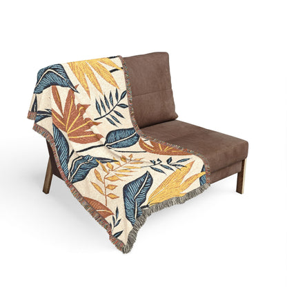 Couverture tissée à motif de feuilles tropicales — Jeté botanique bohème pour canapé et lit