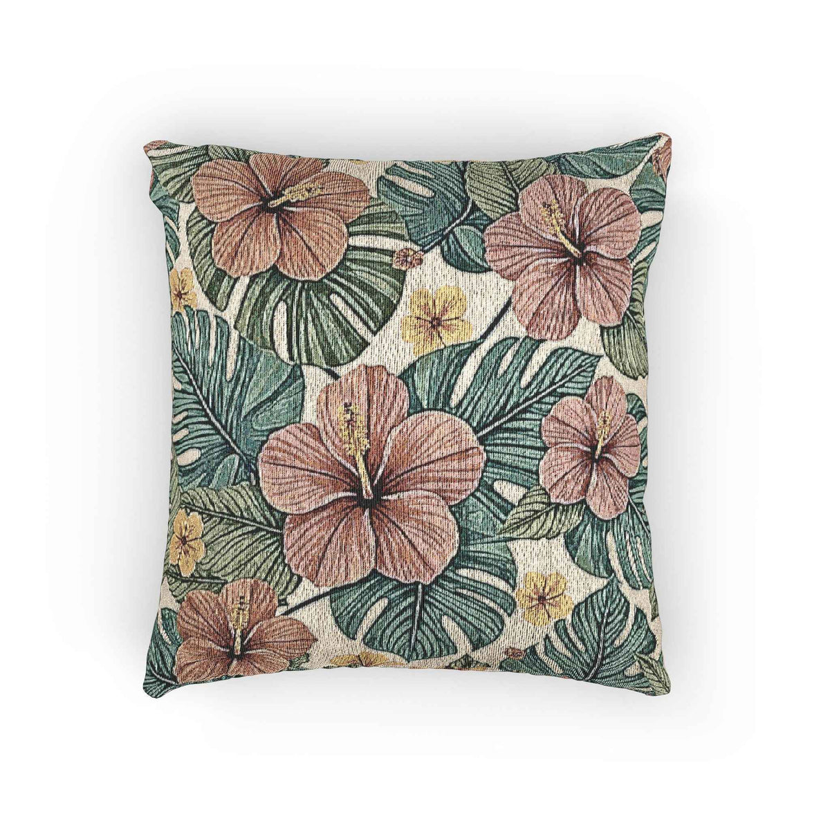 Coussin décoratif tissé à motifs de fleurs d'hibiscus tropicales | Coussin botanique