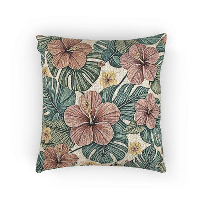 Coussin décoratif tissé à motifs de fleurs d'hibiscus tropicales | Coussin botanique