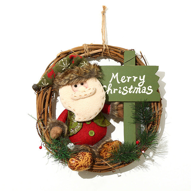 Christmas Wreath with Plush Doll - Rustic Rattan Holiday Door Hanging Decoration