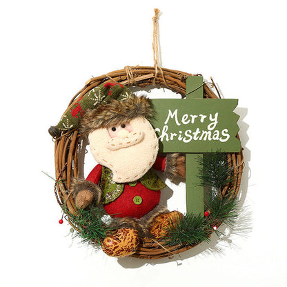 Christmas Wreath with Plush Doll - Rustic Rattan Holiday Door Hanging Decoration