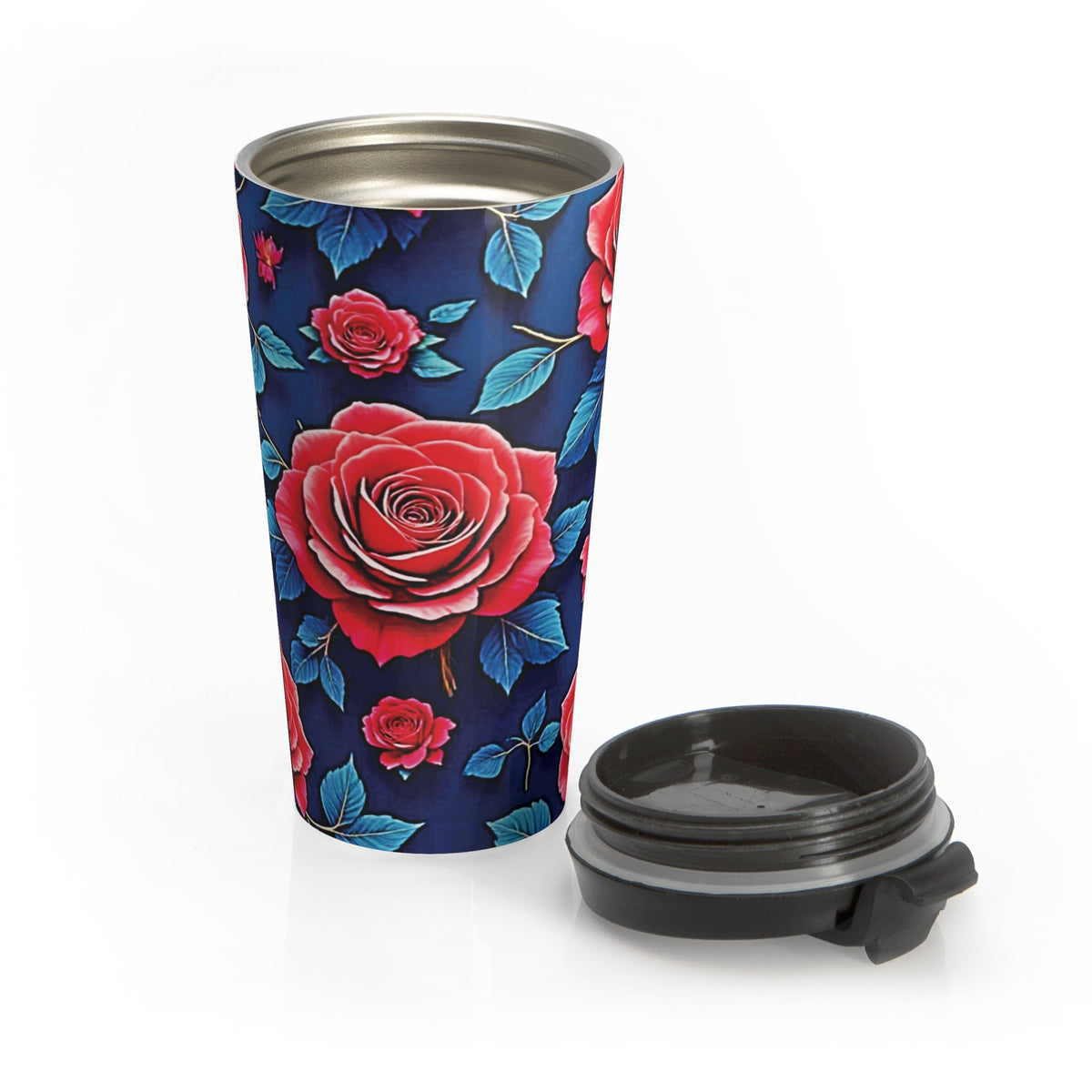 Mug de voyage en acier inoxydable motif floral roses rouges