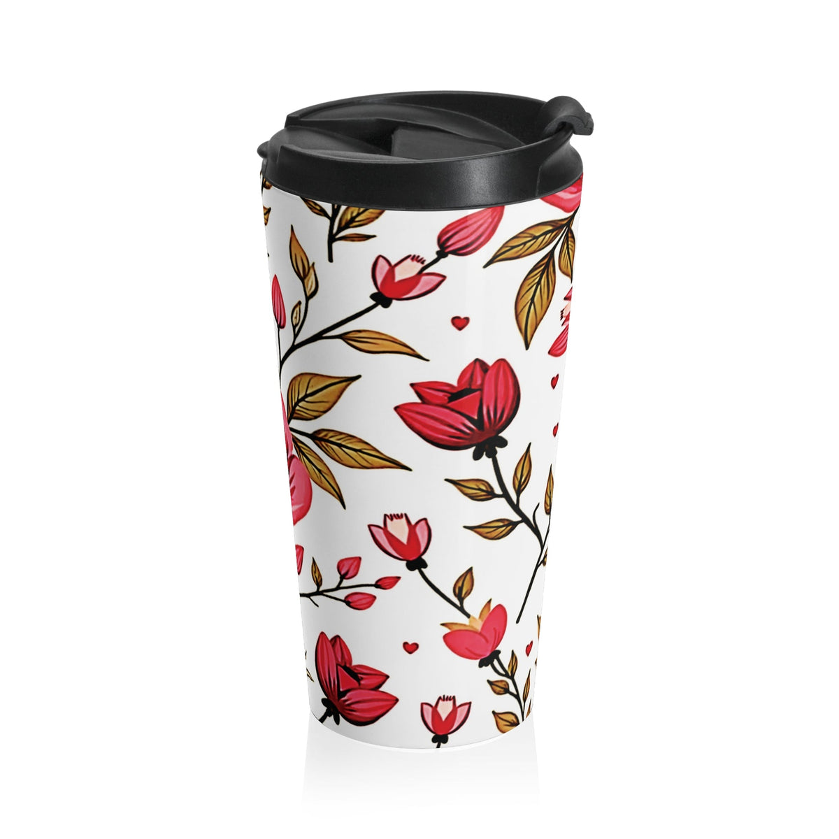 Mug de voyage à motif floral roses rouges | Gobelet isotherme en acier inoxydable