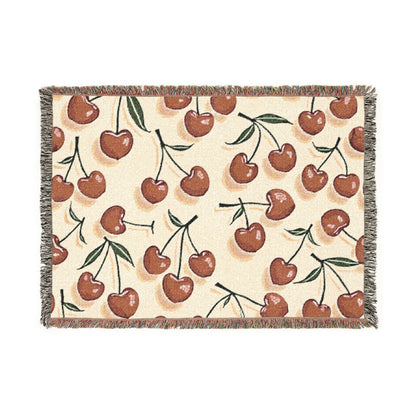 Couverture tissée à motif cerises — Jeté de fruits rétro pour salon et chambre