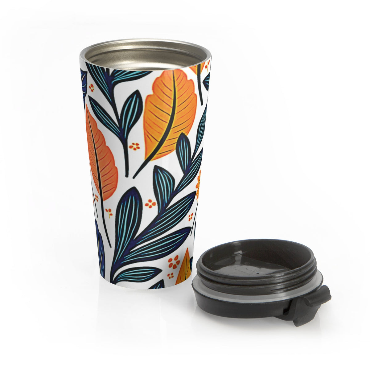 Mug de voyage floral feuillage d'automne | Motif feuilles orange et bleu