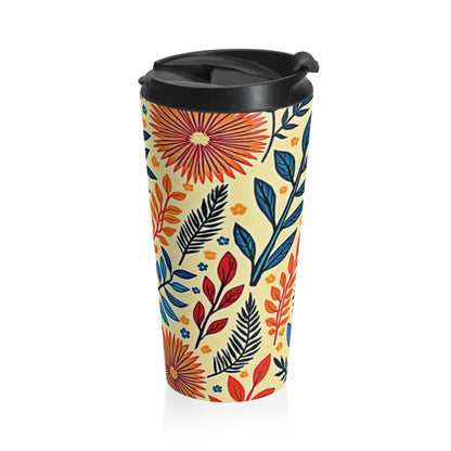 Tasse de voyage en acier inoxydable motif floral coloré | Botaniques bleues et oranges