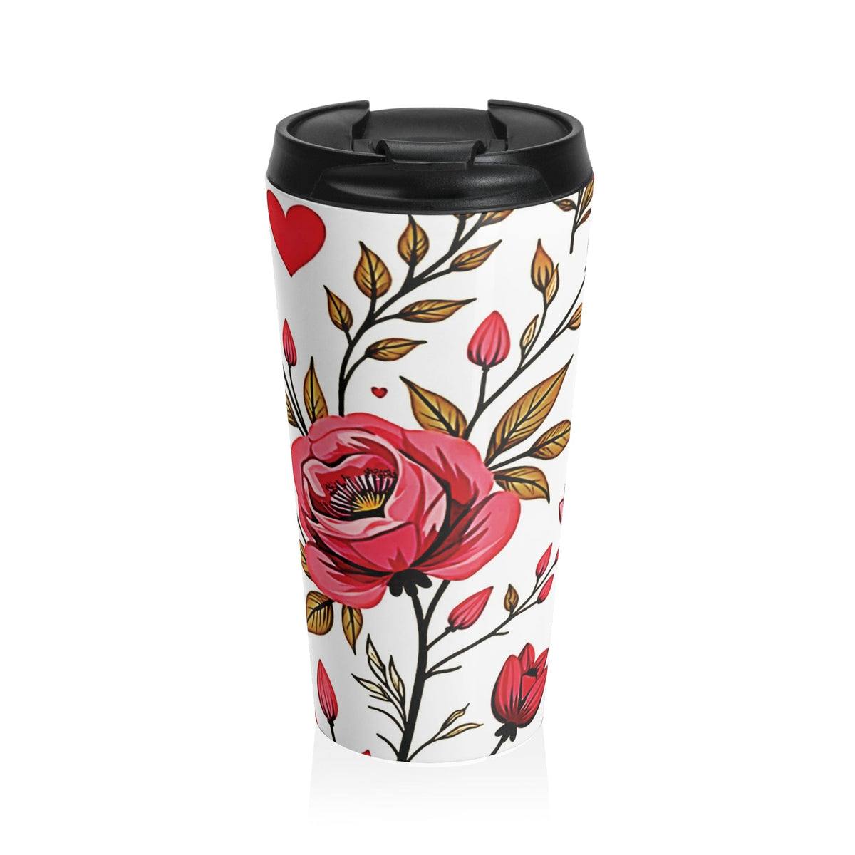 Mug de voyage à motif floral roses rouges | Gobelet isotherme en acier inoxydable