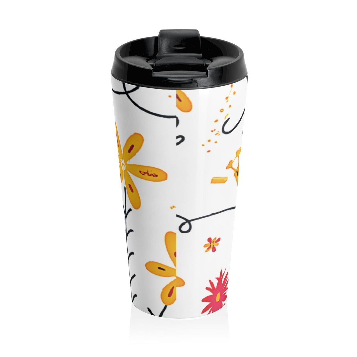 Mug de voyage en acier inoxydable Motif gribouillis floraux — Fleurs lumineuses dessinées à la main