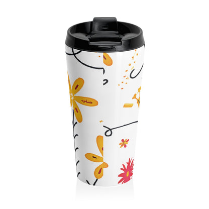 Mug de voyage en acier inoxydable Motif gribouillis floraux — Fleurs lumineuses dessinées à la main