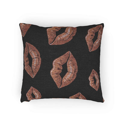 Oreiller tissé imprimé lèvres or rose | Fond noir, coussin décoratif