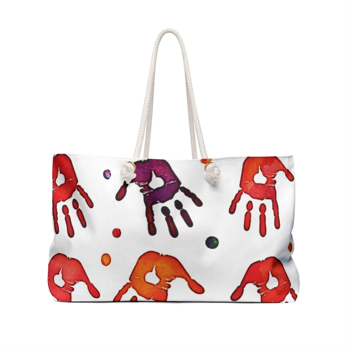 Sac de voyage à motif d'empreintes de mains colorées | Cabas à imprimé paumes arc-en-ciel
