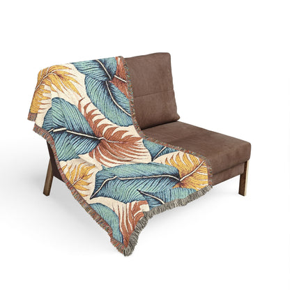 Jeté de lit tissé à motif feuilles tropicales – Décor bohème côtier pour salon et patio