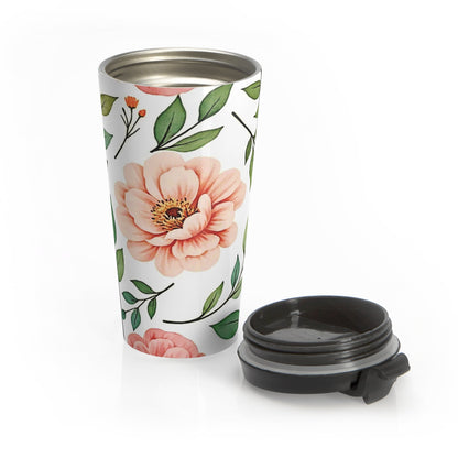 Mug de voyage en acier inoxydable à motif floral pêche | Feuilles botaniques