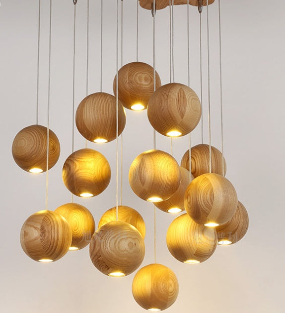 Nordic Wood Ball Chandelier – Scandinavian Wooden Pendant Ceiling Light, 1/3/4 Heads for Living Room & Dining Room (110V)