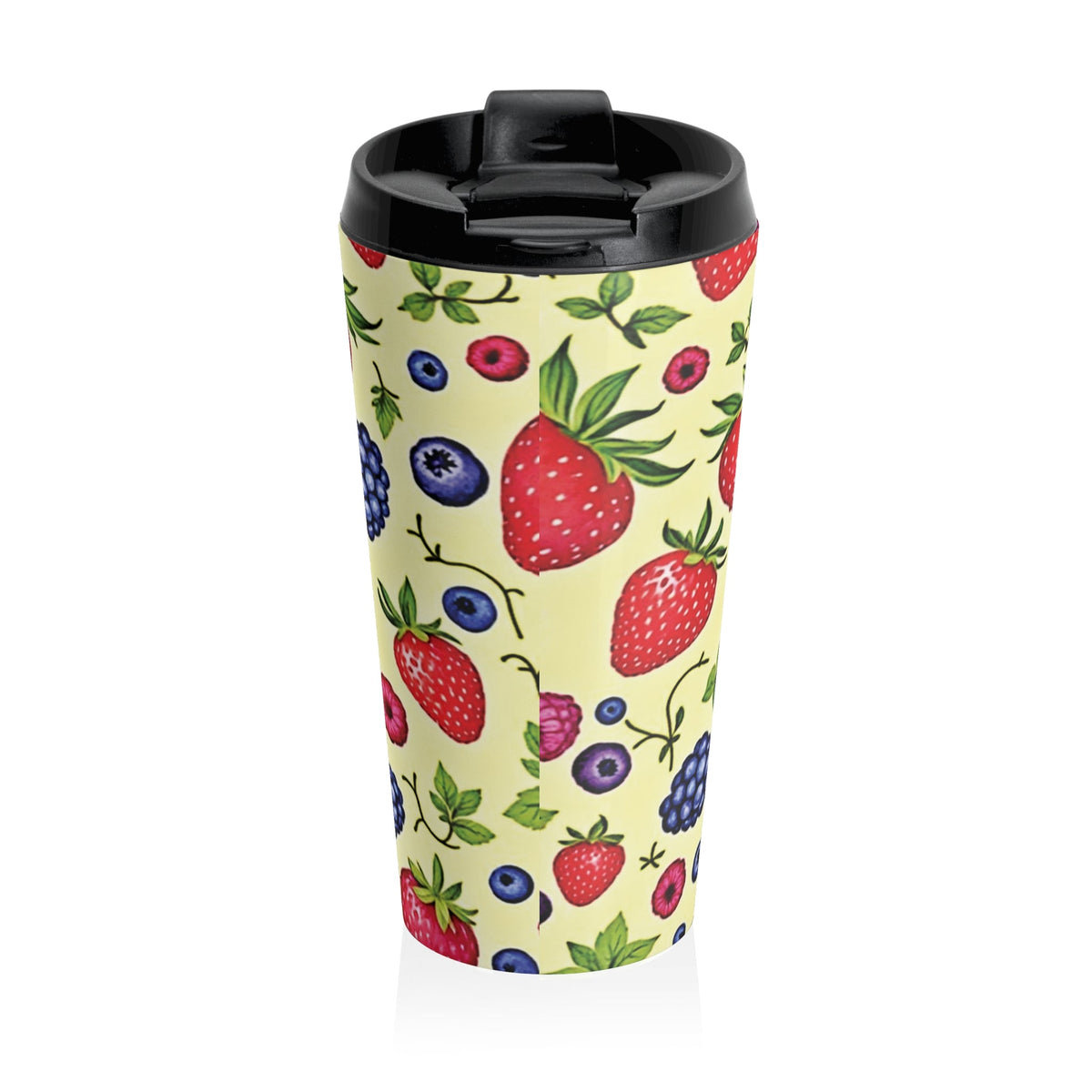 Mug de voyage en acier inoxydable motif fraises et baies — Gobelet isotherme imprimé fruits
