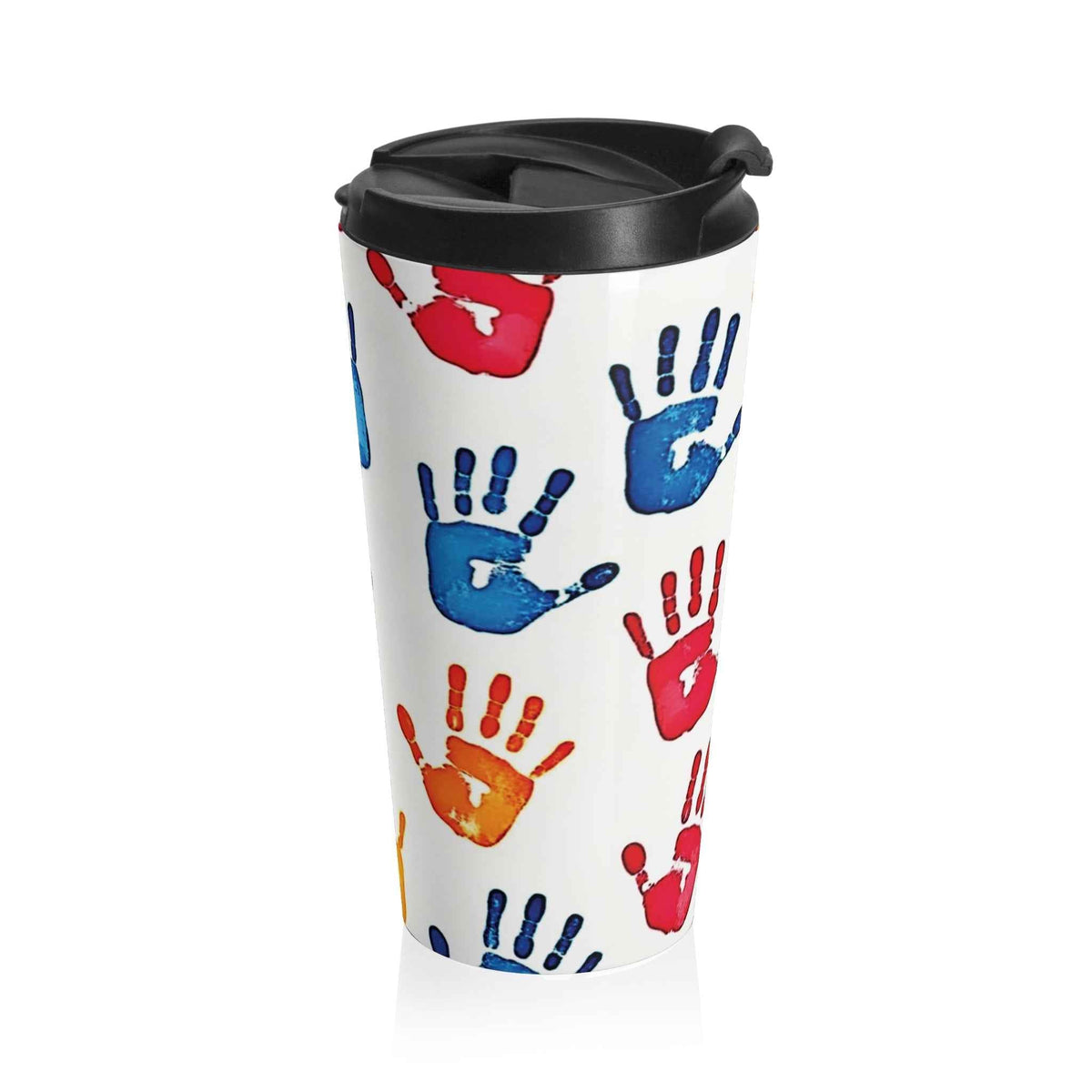 Mug de voyage en acier inoxydable avec empreintes de mains colorées — Motif artistique pour enfants, gobelet à café anti-déversement