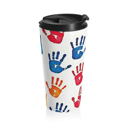 Mug de voyage en acier inoxydable avec empreintes de mains colorées — Motif artistique pour enfants, gobelet à café anti-déversement